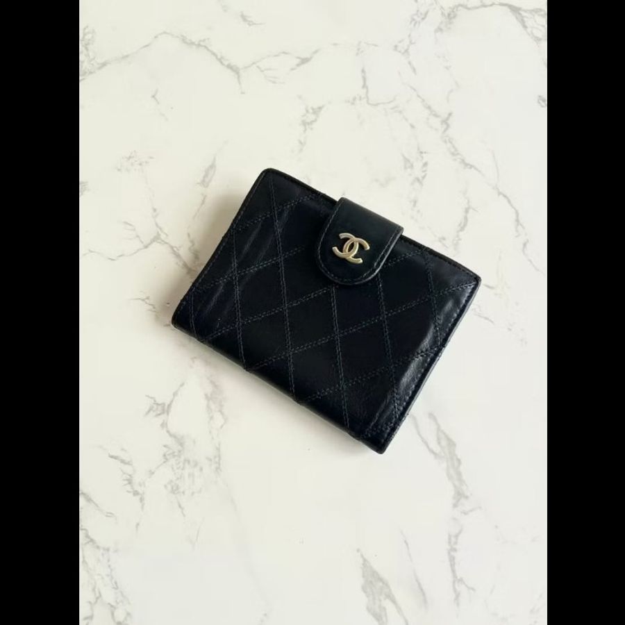 【LA LUNE】中古Chanel黑金色羊皮皮革中夾 皮夾 錢包 短夾 二手包 小包 古董-2