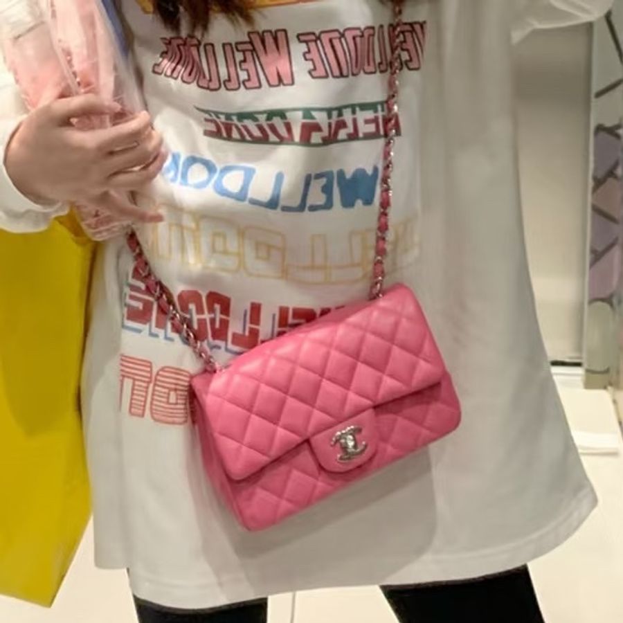 甜美富金款😍超限量💯Chanel香奈兒少女粉色金扣大mini cf單肩斜挎包-3
