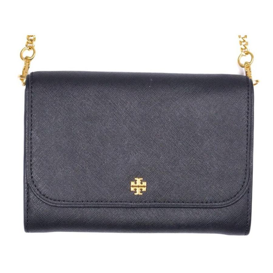 【TORY BURCH】十字紋防刮皮革掀蓋按釦斜背包-黑-4