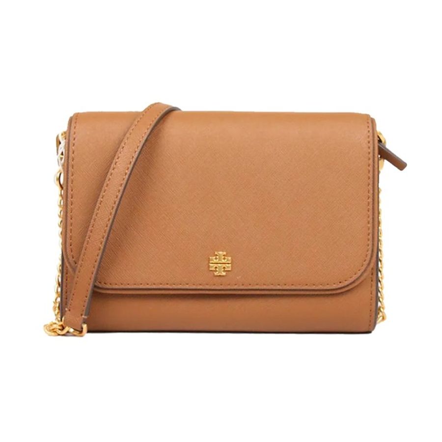【TORY BURCH】十字紋防刮皮革掀蓋按釦斜背包-駝-0
