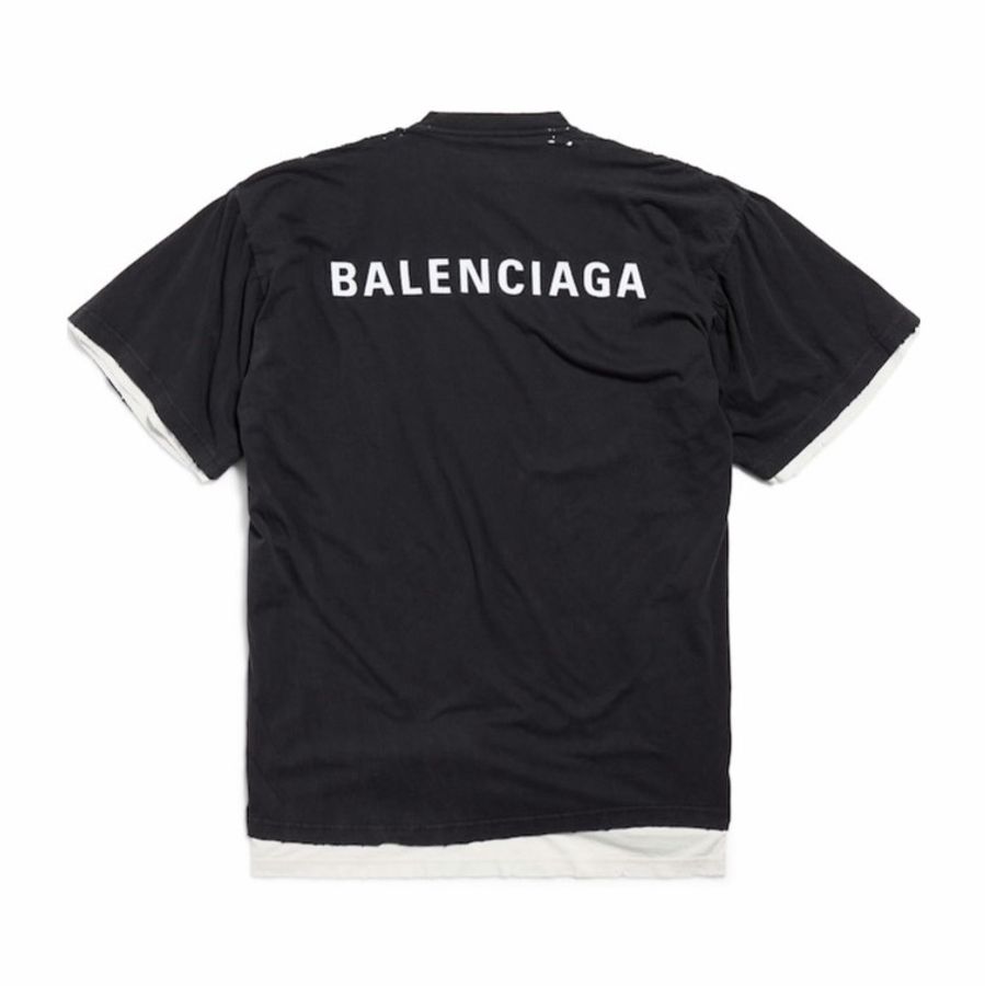 Balenciaga 男士 黑色褪色後背雙層 T 恤1 2 3碼-0
