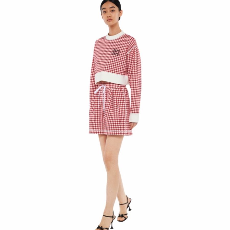 Miu Miu 女士 徽標格紋抽繩高腰短褲IT-36 IT-38 IT-40碼-2