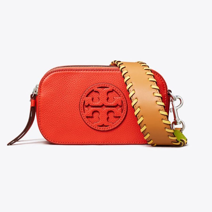 【TORY BURCH】專櫃款Miller編織背帶雙拉鍊迷你斜背包-桔紅色-1