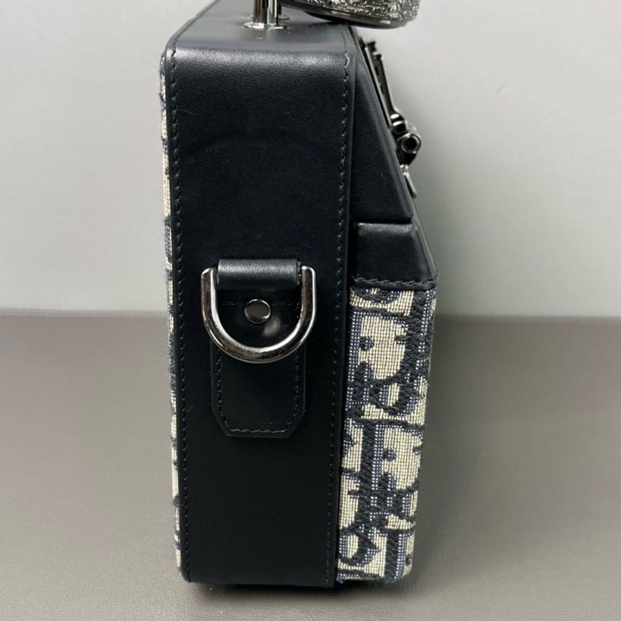 Dior lock硬盒子經典老花配牛皮 硬箱 五金暗銀色 光滑牛皮革21*15*7cm 9新配件肩帶塵袋盒子-4
