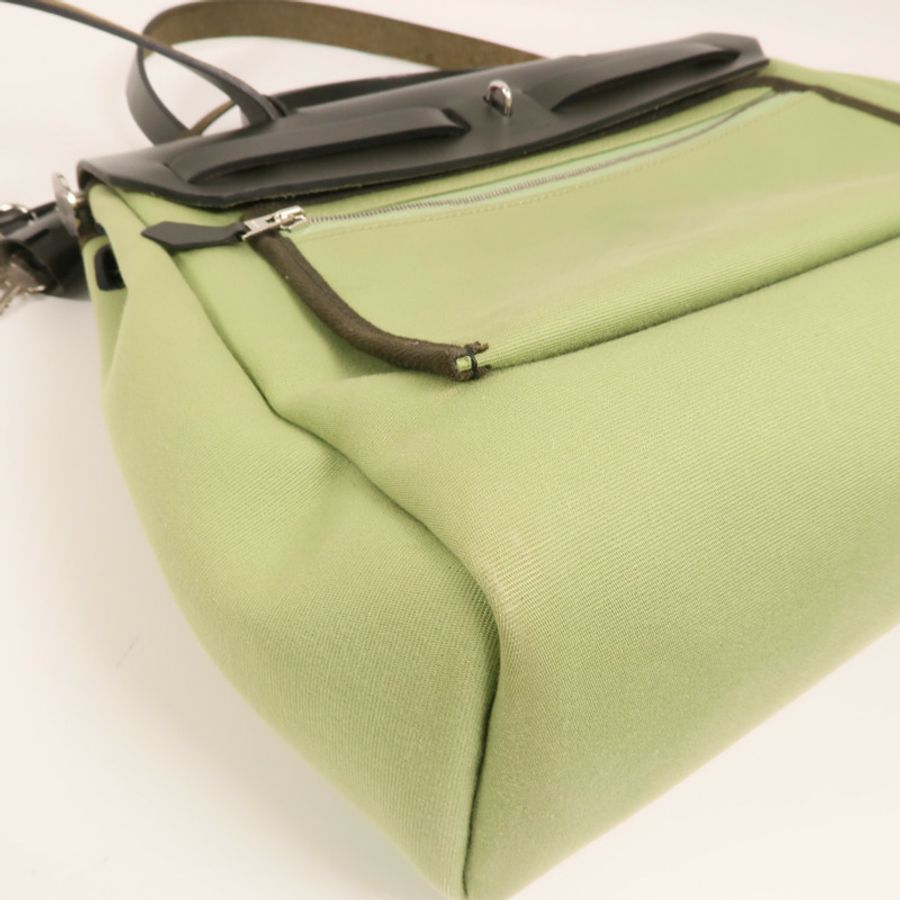 HERMES 帆布Herbag PM銀扣手挽肩背兩用袋Vert Criquet-14