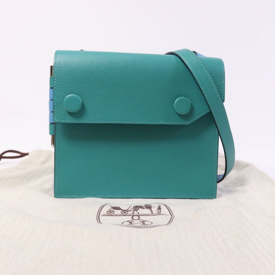 HERMES 【激減優惠】Evercolor皮革Twins銀扣肩背袋Rose Azalee/Menthe-9