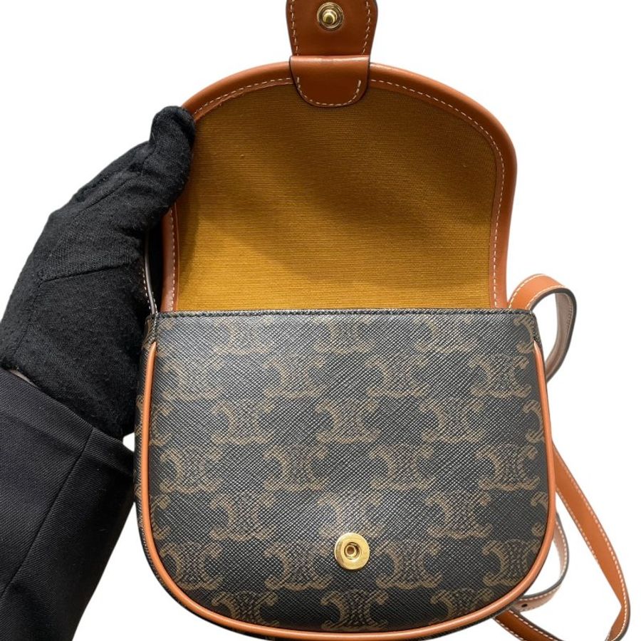CELINE 思琳  TRIOMPHE BESACE 凱旋門迷你肩背包 PVC帆布 老花 棕色 金釦-13