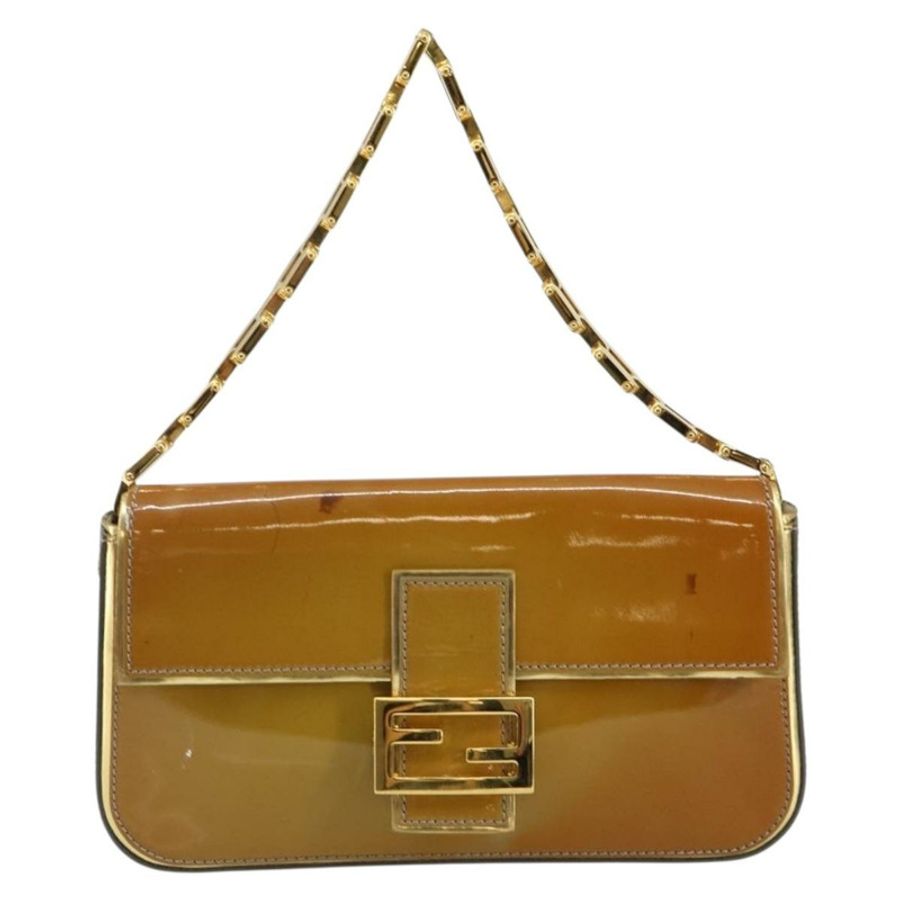 【日本直送】FENDI Mamma Baguette 鏈條單肩包 漆皮 灰色 金色 正品 144385A-12