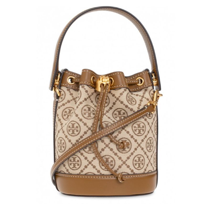 【TORY BURCH】緹花織布拼接皮革束口水桶包-卡其駝-0