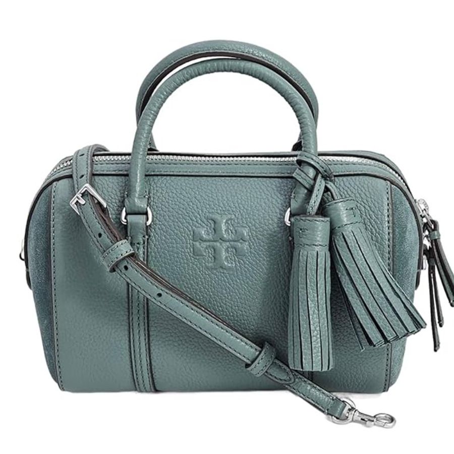 【TORY BURCH】荔枝皮革拼接麂皮流蘇兩用波士頓包-莫蘭迪綠(背帶兩款可替換)-0