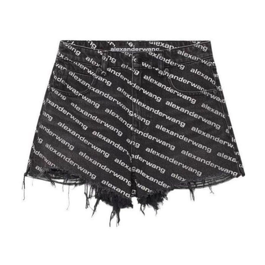 Alexander Wang 女士 BITE 徽標裝飾灰色做舊牛仔短褲24 25 26 27 28碼-0