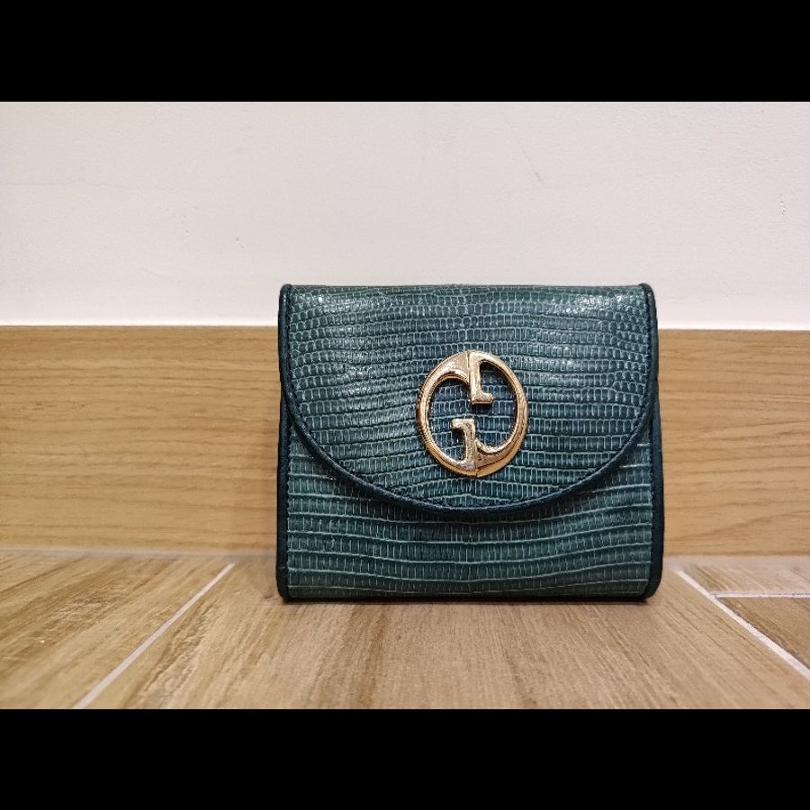 Gucci  GG LOGO 礦石綠色牛皮 蜥蜴皮紋 金釦 短夾 錢包 零錢包 信用卡夾 限量商品-0