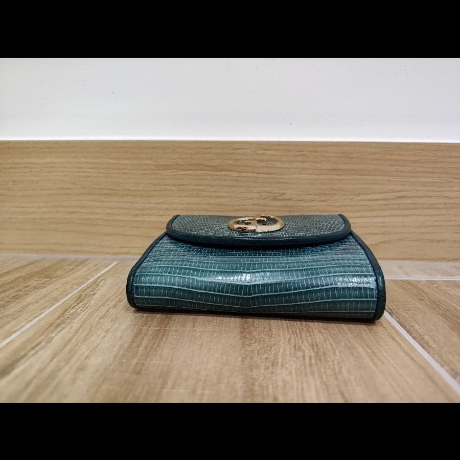Gucci  GG LOGO 礦石綠色牛皮 蜥蜴皮紋 金釦 短夾 錢包 零錢包 信用卡夾 限量商品-8