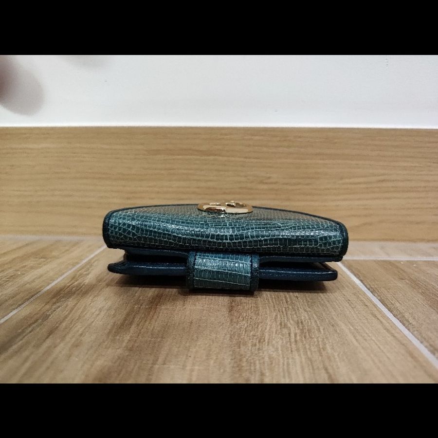 Gucci  GG LOGO 礦石綠色牛皮 蜥蜴皮紋 金釦 短夾 錢包 零錢包 信用卡夾 限量商品-25