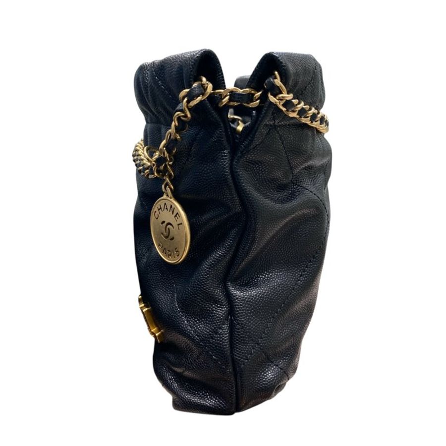 CHANEL 香奈兒 22MINI BAG 流浪包 荔枝牛皮 黑色 金釦-3