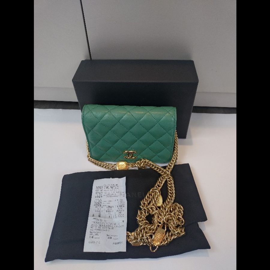 Chanel 粉牌飾金鍊水綠羊皮斜背小口蓋包 15-5
