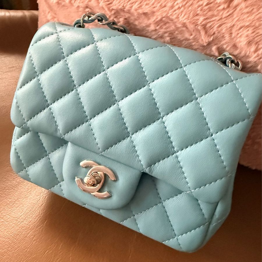 全新品Chanel mini 方胖 tiffany淺藍銀釦 復興sogo購證 全新全配 膠膜都在 晶片款-6