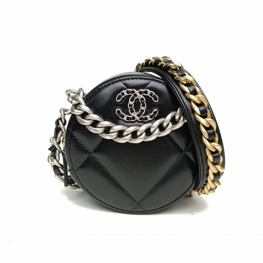 CHANEL 19BAG小圓餅包黑色羊皮鐳射標金銀扣肩背包-0