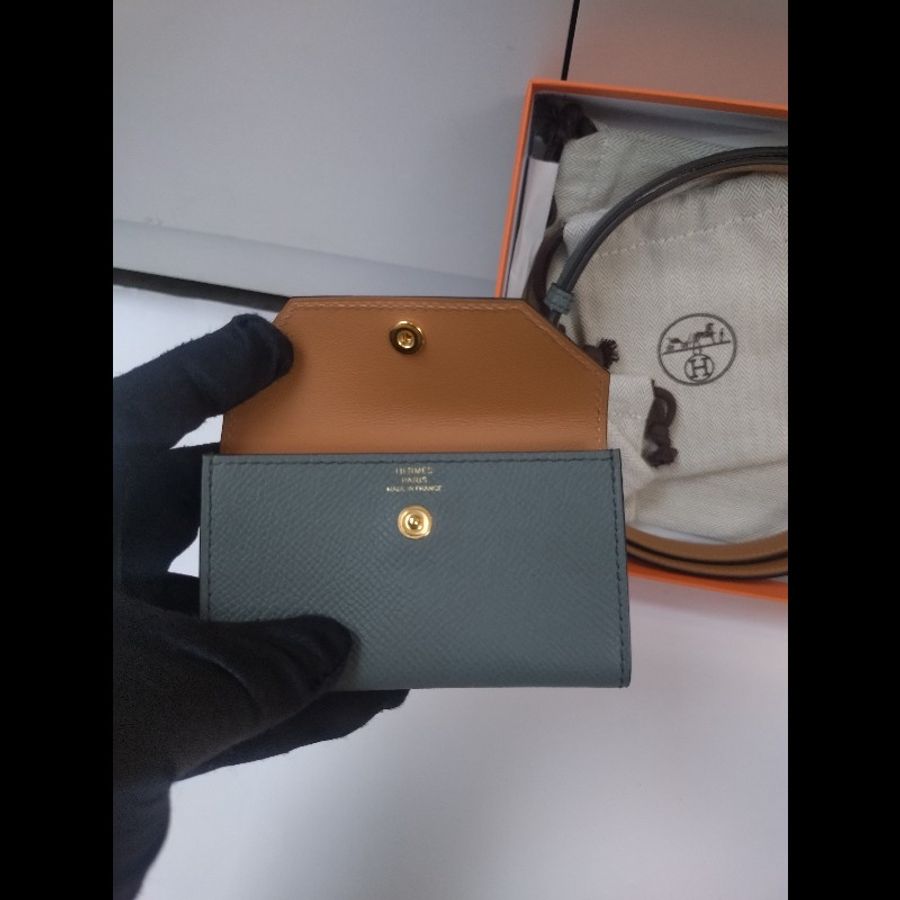Hermes 金釦灰皮凱莉細腰帶(附卡片套)Kelly pocket 18-6