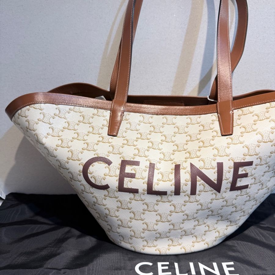 CELINE✨COUFFIN白色老花扇形托特包單肩包沙灘包購物包-2
