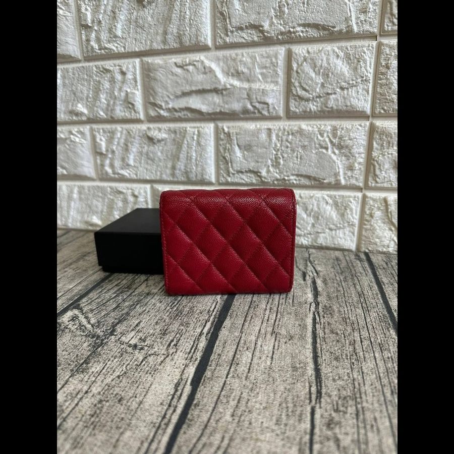 Chanel 荔枝紋紅金短夾-6