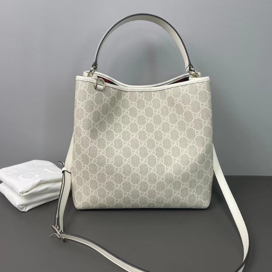 Gucci emblem 燕麥色經典老花發財水桶包25*14.5 98新配件肩帶塵袋-1