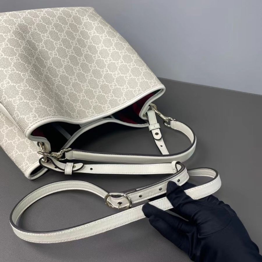 Gucci emblem 燕麥色經典老花發財水桶包25*14.5 98新配件肩帶塵袋-2
