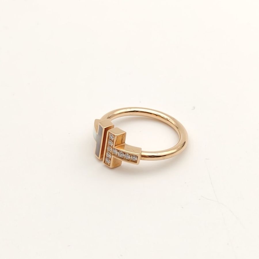 TIFFANY&CO 半貝母線圈戒指18K玫瑰金/鑽石/白貝母52-2