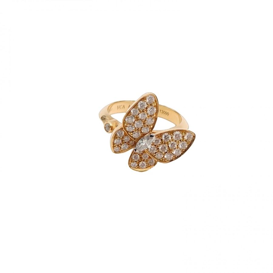 VAN CLEEF&ARPELS 18K黃金鑽石twobutterfly滿鑽蝴蝶戒指52-0