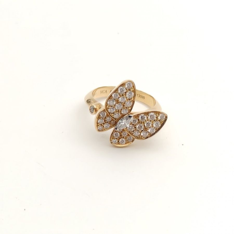 VAN CLEEF&ARPELS 18K黃金鑽石twobutterfly滿鑽蝴蝶戒指52-1