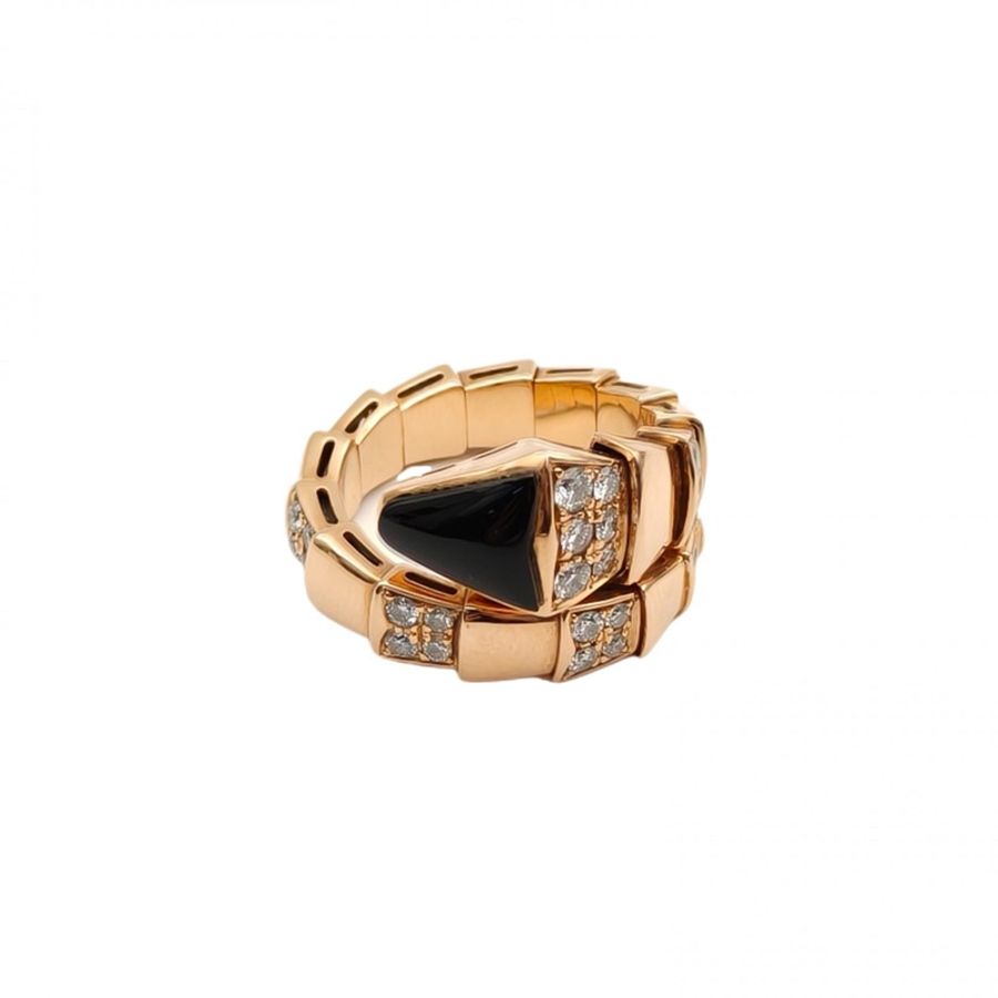 BVLGARI Serpenti黑瑪瑙間鑽寬版蛇形戒指18K玫瑰金/鑽石M碼-0