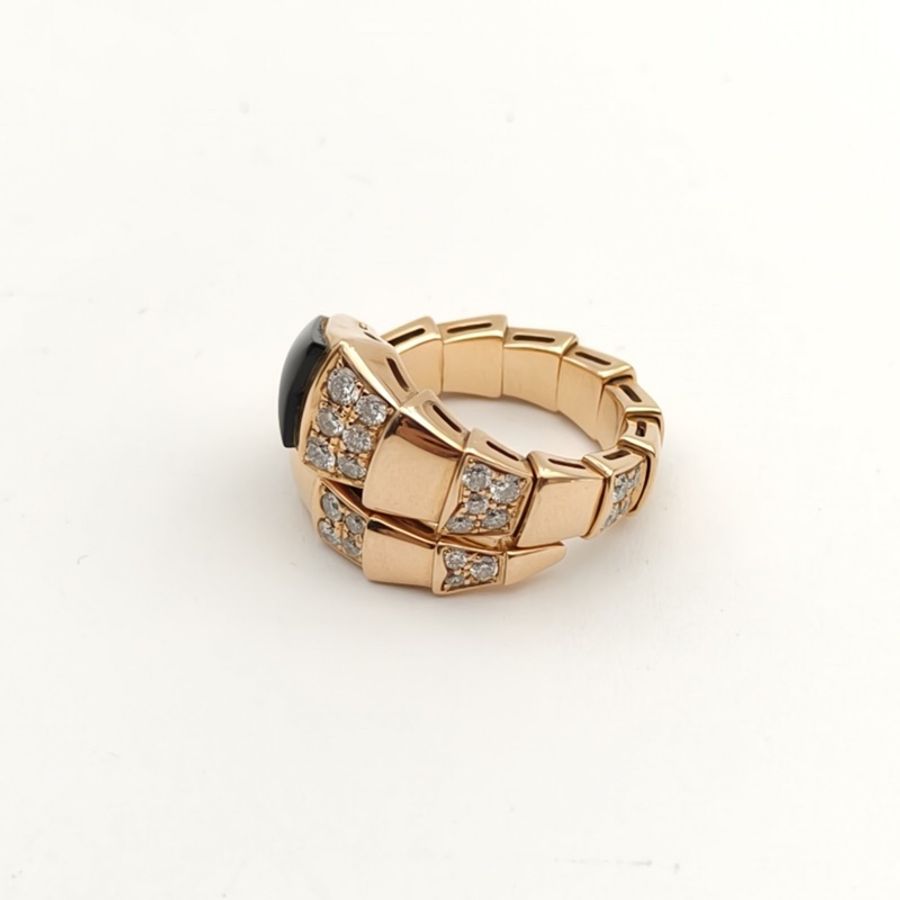 BVLGARI Serpenti黑瑪瑙間鑽寬版蛇形戒指18K玫瑰金/鑽石M碼-1
