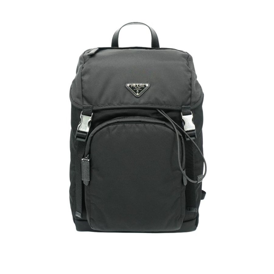 Prada Saffiano 再生尼龍銀三角logo雙扣後背包(2VZ135-黑)-0