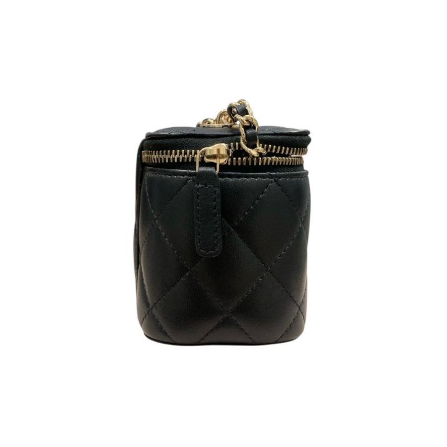 CHANEL 香奈兒 MINI VANITY 迷你珍珠鏈條化妝箱包 皮革 黑色 淺金釦-3