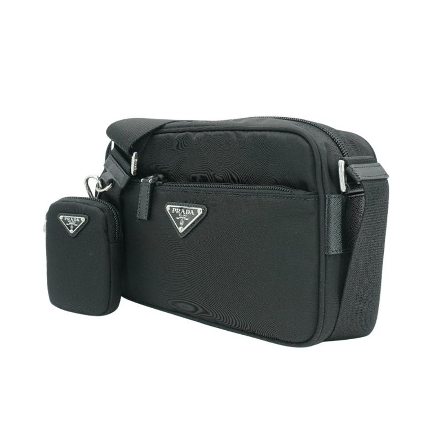 Prada Saffiano 再生尼龍銀三角logo二合一拉鍊斜背包(1BC167-黑)-1