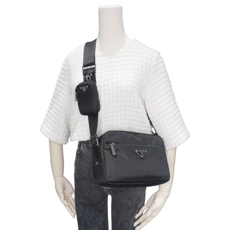 Prada Saffiano 再生尼龍銀三角logo二合一拉鍊斜背包(1BC167-黑)-5