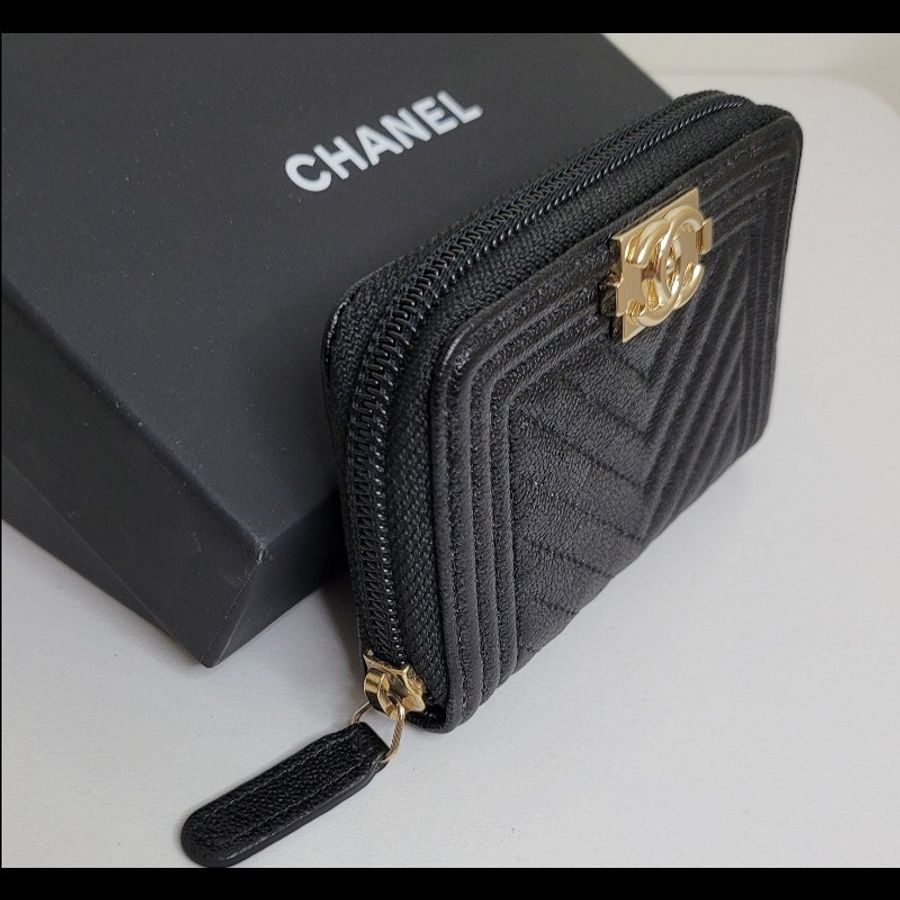 ⭐chanel 3層黑金零錢卡夾 魚子醬皮革-3