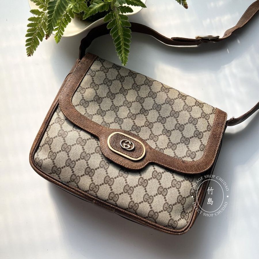 Gucci 老花復古單肩包 PVC × 皮革棕色-0