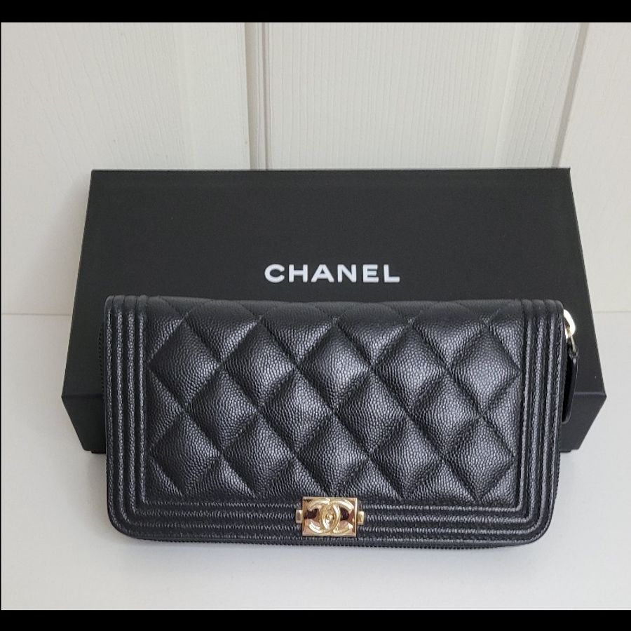 CHANEL💫 黑金拉鏈長夾 魚子醬皮革-0