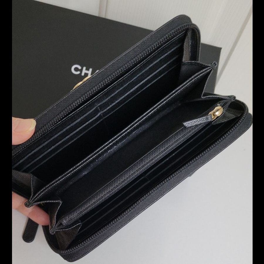 CHANEL💫 黑金拉鏈長夾 魚子醬皮革-3