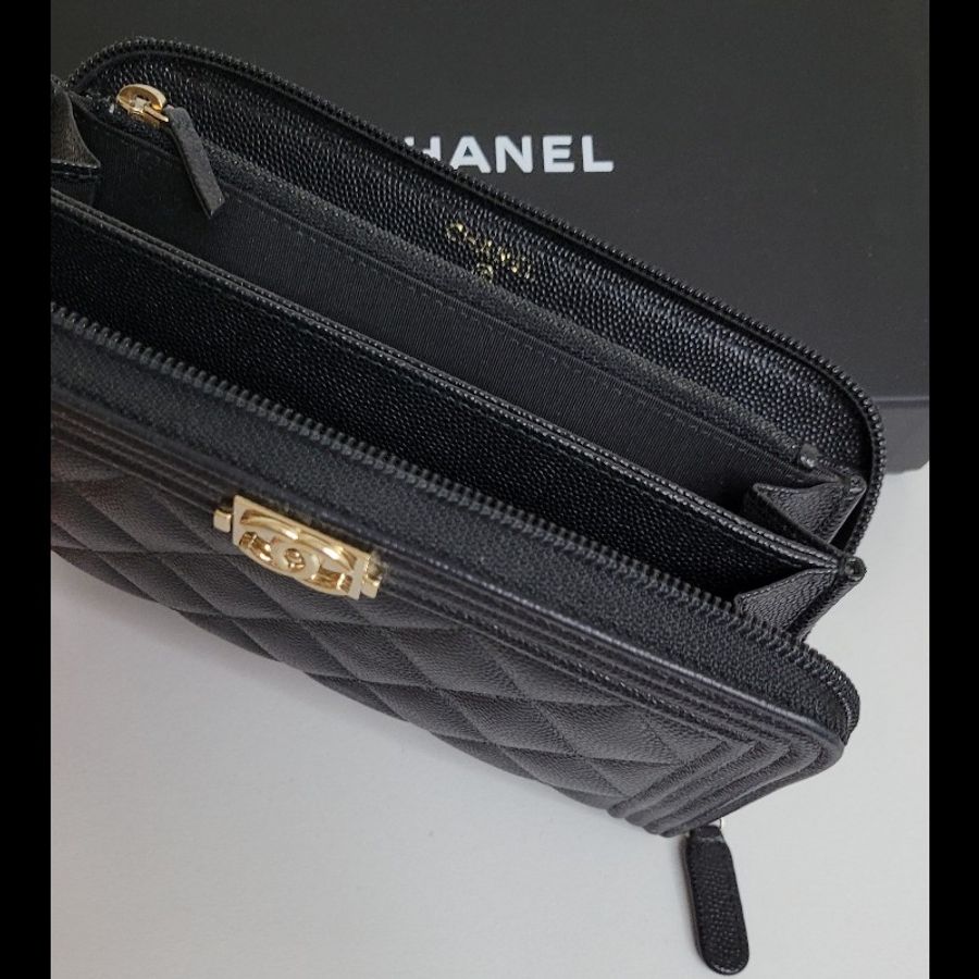 CHANEL💫 黑金拉鏈長夾 魚子醬皮革-4