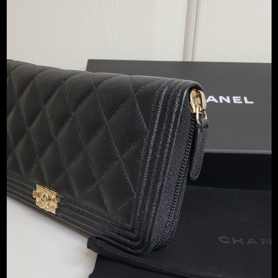 CHANEL💫 黑金拉鏈長夾 魚子醬皮革-6