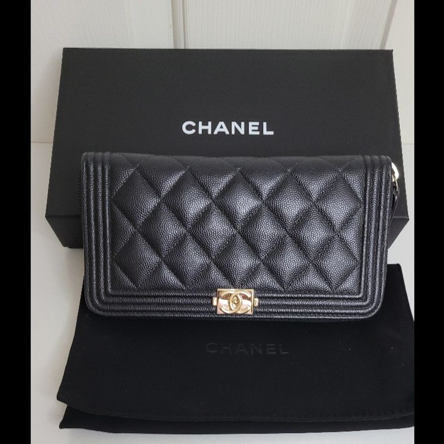 CHANEL💫 黑金拉鏈長夾 魚子醬皮革-7