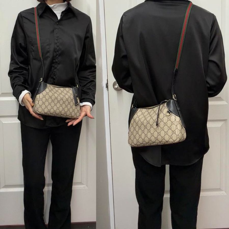 【門市全新現貨】GUCCI GG Emblem 帆布紅綠色織帶斜背包手提包兩用包 (附原廠防塵袋)-6