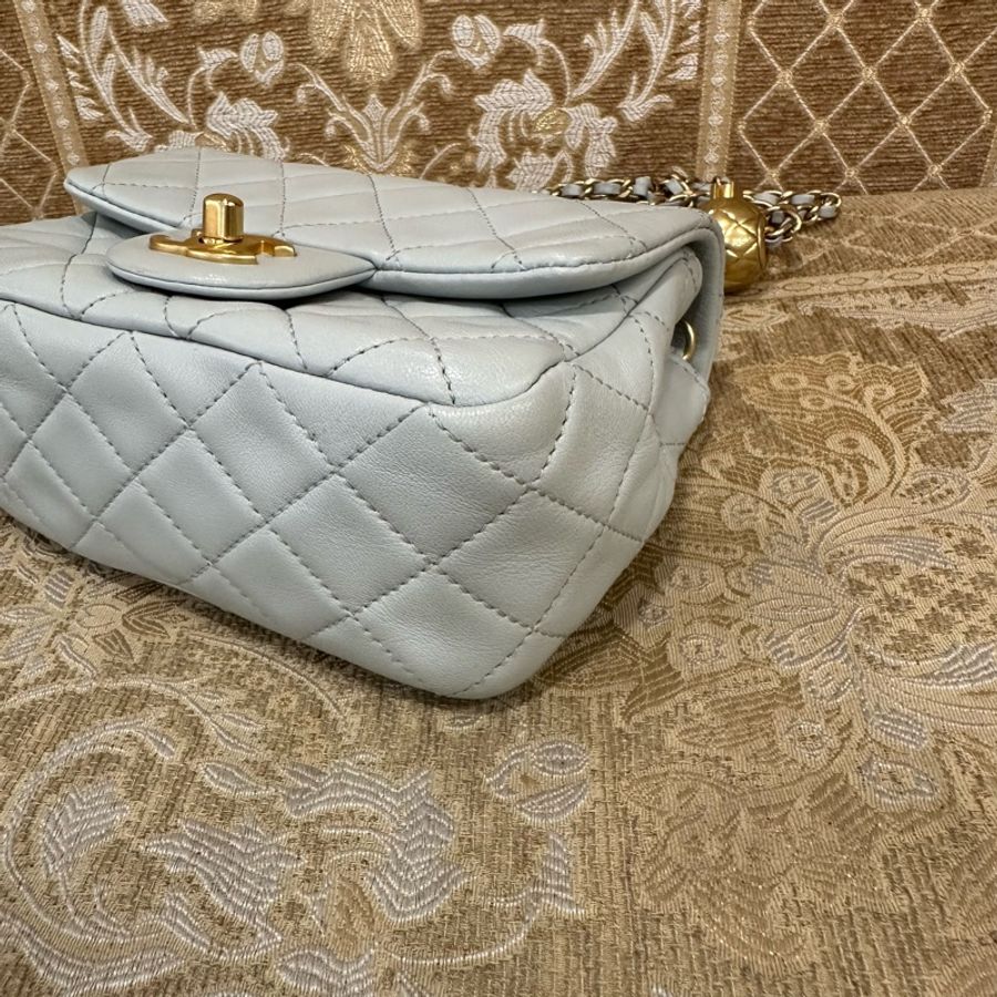 Chanel 灰羊皮菱格霧金釦金球方胖AS1786-6