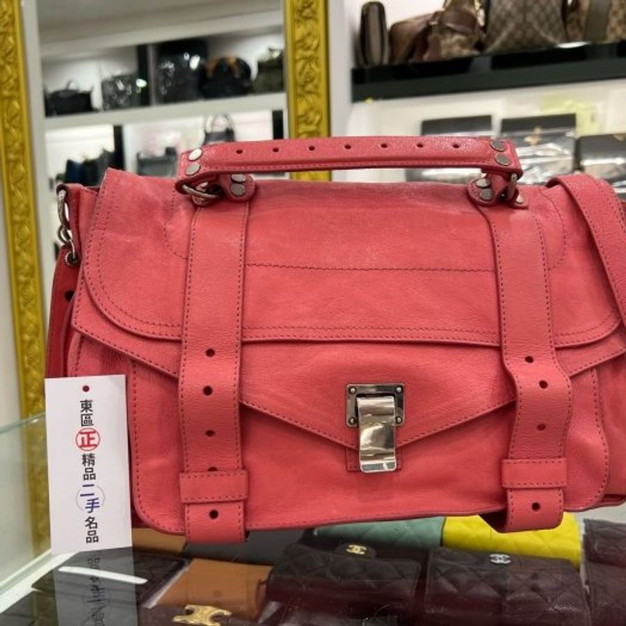 東區正精品㊣Proenza Schouler PS1 C1 粉色全皮金釦釦式翻蓋斜背包兩用包中款 RZ3980-0