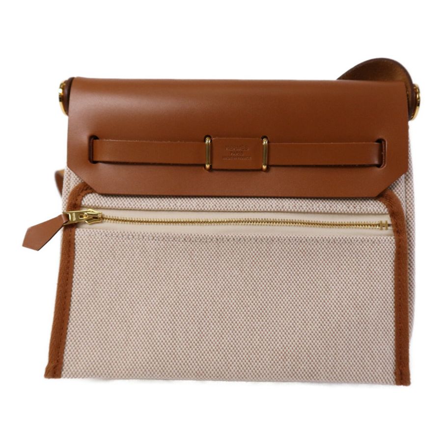 HERMES 帆布Mini Herbag金扣肩背袋Fauve-1