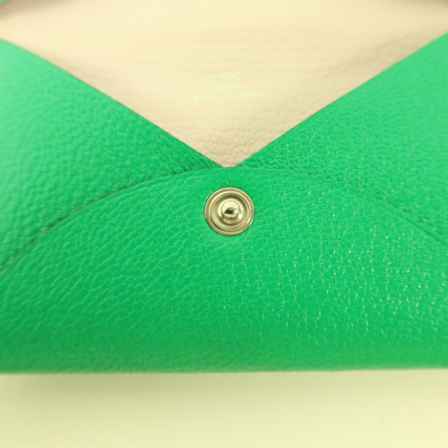 HERMES Chevre皮革Calvi銀扣卡片套Menthe-7
