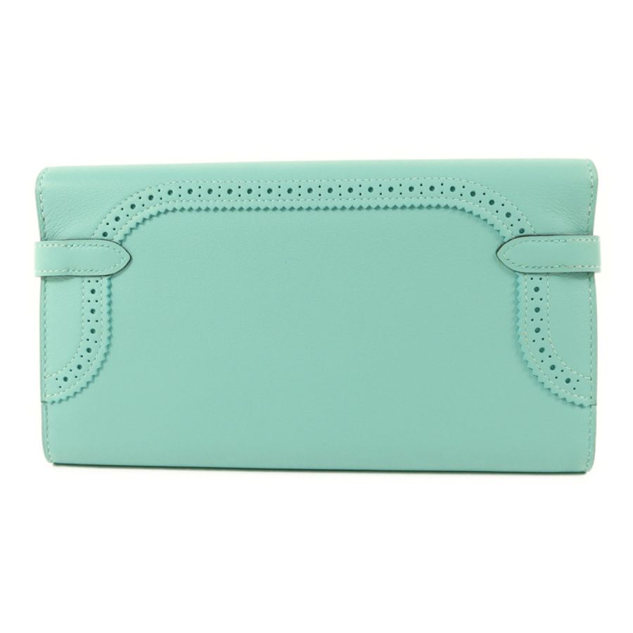 HERMES Swift皮革Kelly Wallet Ghillies銀扣長錢包Blue Atoll-1