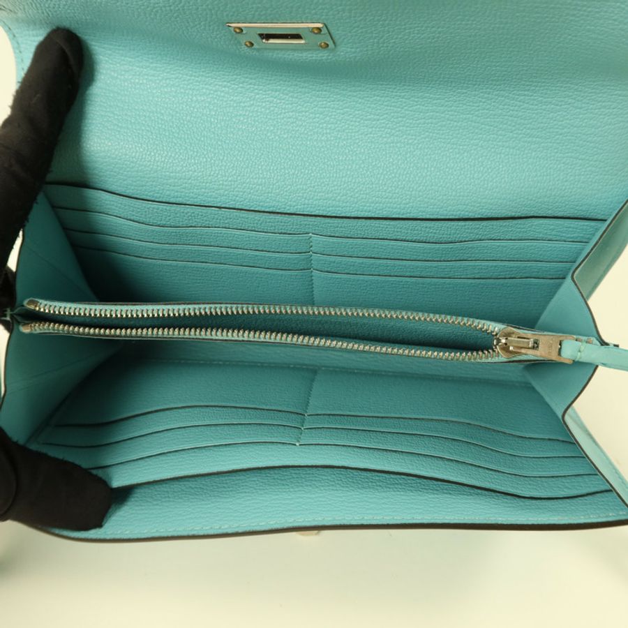 HERMES Swift皮革Kelly Wallet Ghillies銀扣長錢包Blue Atoll-4